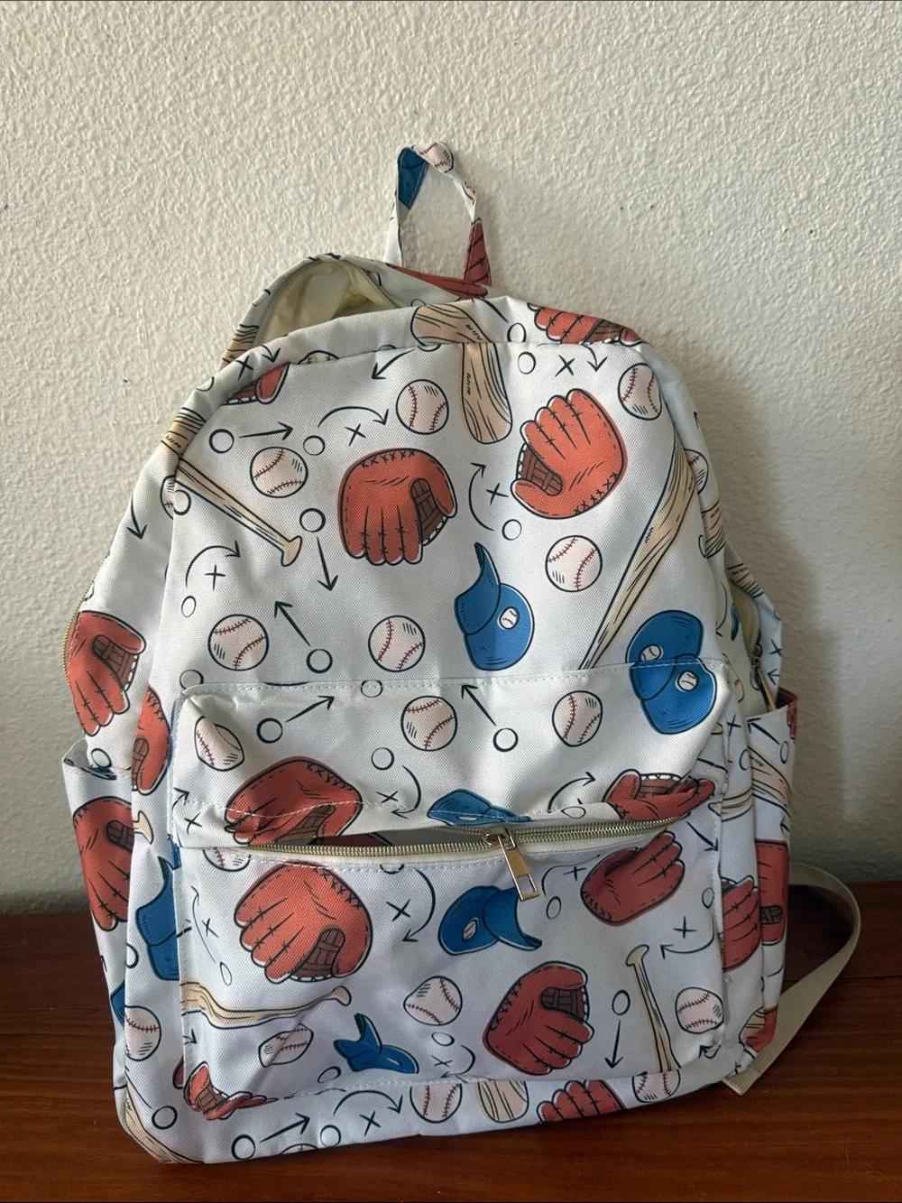 Baseball Print Backpack - White with Red & Blue